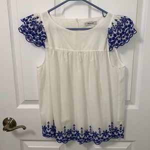Madewell White Blouse with Royal Blue Detail